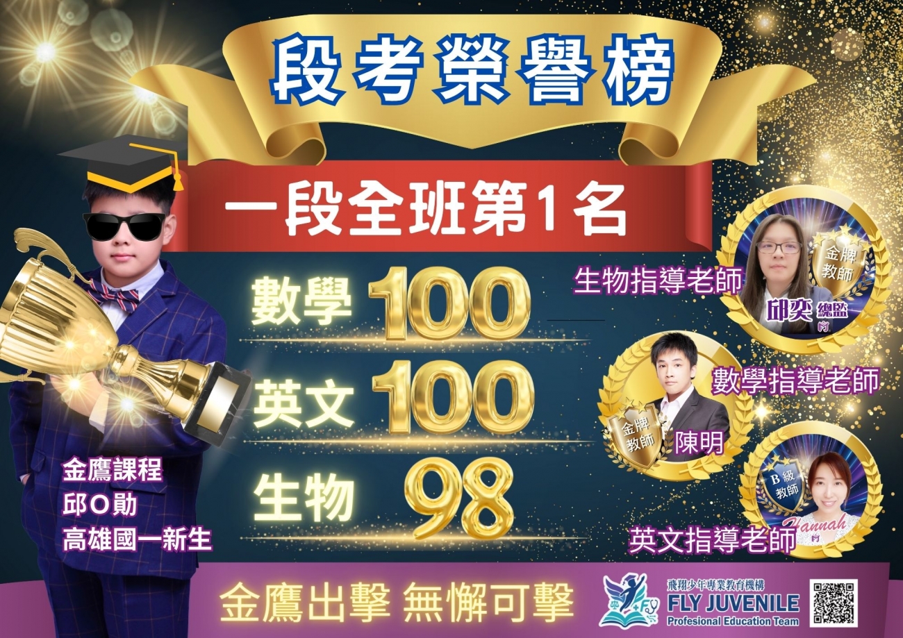 國中成績優異榜單圖片，呈現飛翔少年學生學習成果、榮譽榜單與線上課程輔導成效。