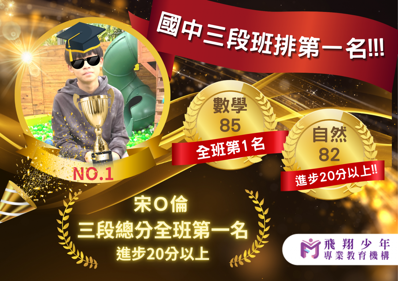 國中段考第一名圖片，呈現飛翔少年學生學習成果、榮譽榜單與線上課程輔導成效。