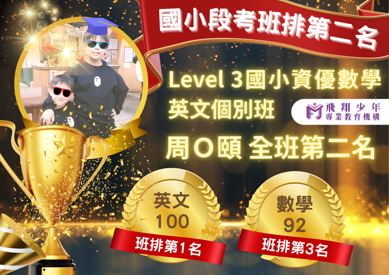 國小資優榮譽榜圖片，呈現飛翔少年學生學習成果、榮譽榜單與線上課程輔導成效。