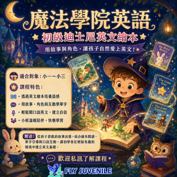 魔法學院英語｜初級迪士尼英文繪本圖片，介紹飛翔少年線上課程、小班一對一教學、AP課程與數理英文學習內容。