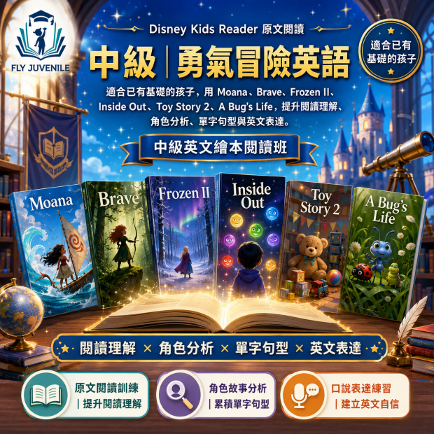 勇氣冒險英語｜中級迪士尼英文繪本圖片，介紹飛翔少年線上課程、小班一對一教學、AP課程與數理英文學習內容。