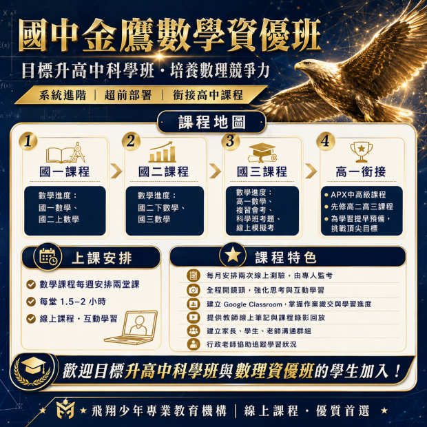 國中金鷹數學資優班圖片，介紹飛翔少年線上課程、小班一對一教學、AP課程與數理英文學習內容。