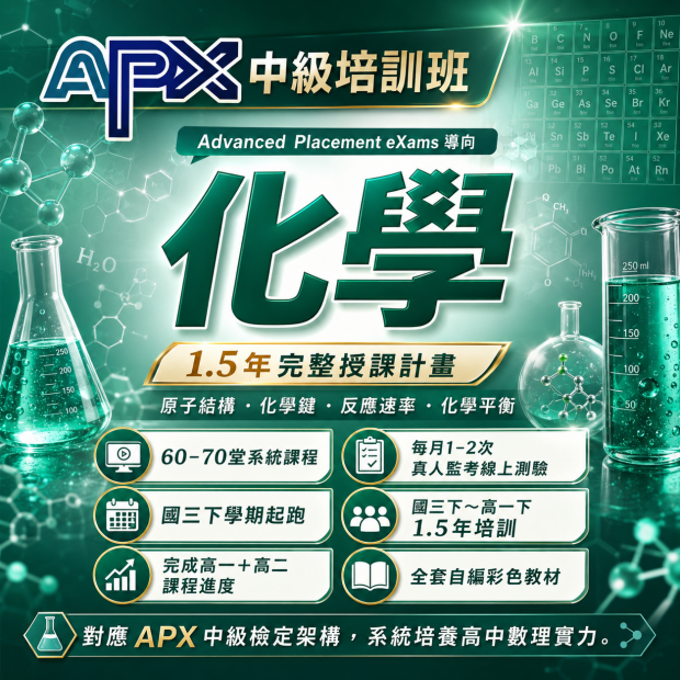 APX 化學中級檢定圖片，介紹飛翔少年線上課程、小班一對一教學、AP課程與數理英文學習內容。