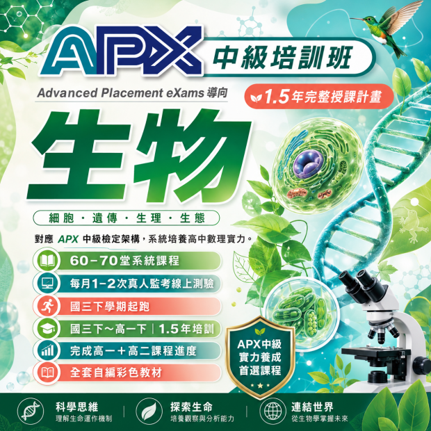 APX 生物中級檢定圖片，介紹飛翔少年線上課程、小班一對一教學、AP課程與數理英文學習內容。