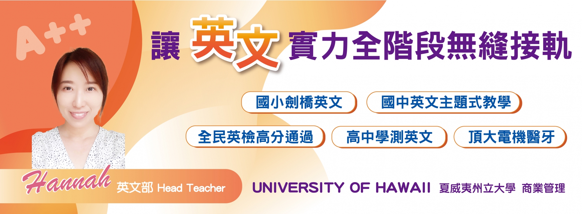 Hannah老師國際英文表達力課程首頁形象圖片，呈現飛翔少年線上補習班推薦、AP課程輔導與國高中數理課程特色。